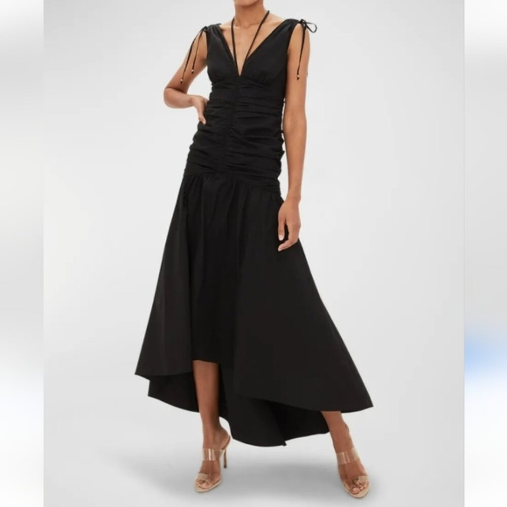 Veronica Beard Perrin Ruched High-Low Maxi Dress Low Neckline Ties Shoulder 0